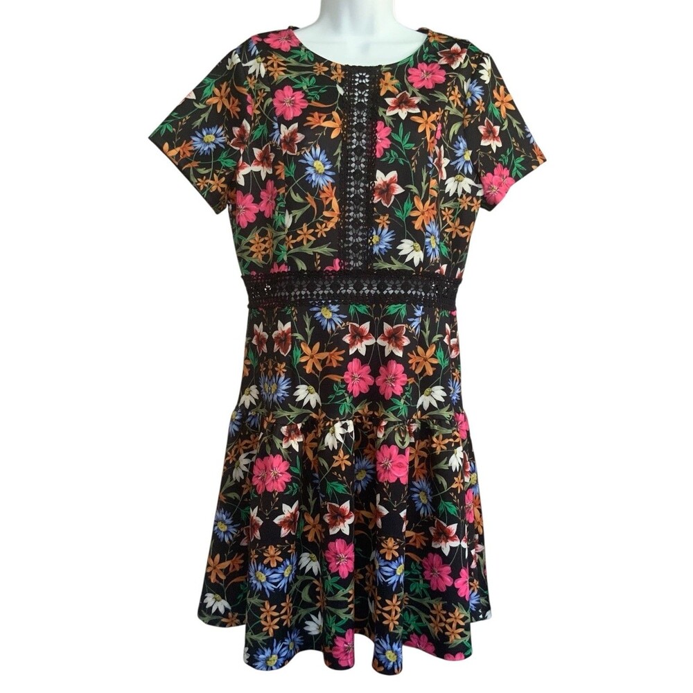 Alexia Admor Lace Trim Fit And Flare Floral Short Sleeve Dress Size 12